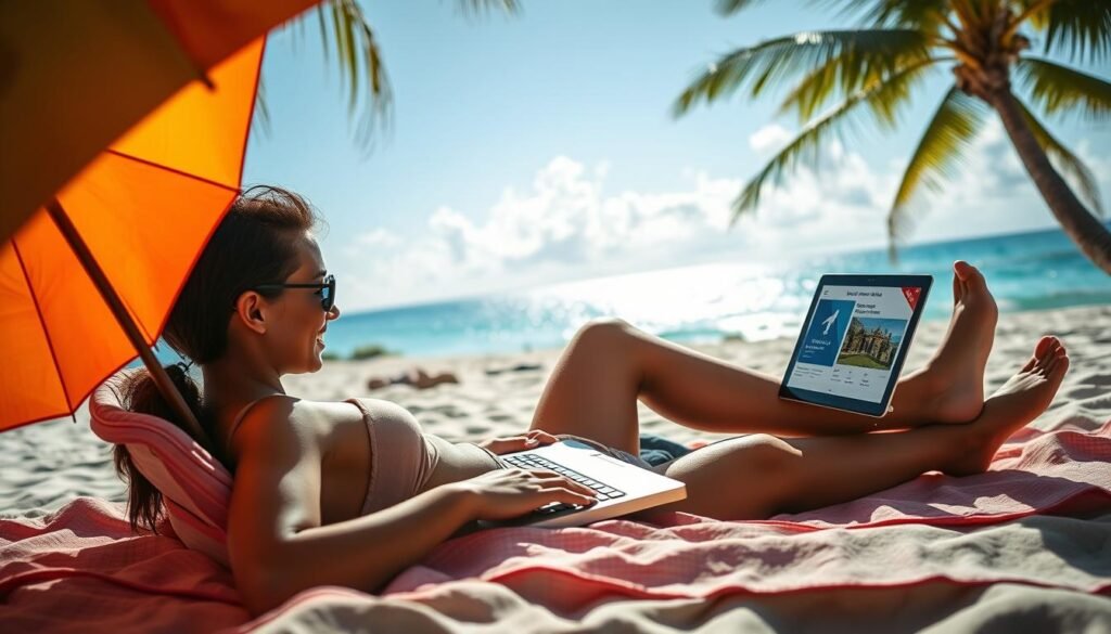 A serene and sun-drenched scene of a person lounging on a tropical beach, gazing at a laptop screen displaying travel savings offers. In the foreground, a vibrant umbrella casts a warm glow over the figure, whose expression conveys a sense of contentment and discovery. The middle ground features palm trees swaying gently in the breeze, while the background showcases a breathtaking ocean vista, hinting at the adventures to come. The lighting is soft and diffused, creating a tranquil atmosphere that invites the viewer to imagine the possibilities of a well-planned, budget-friendly getaway.
