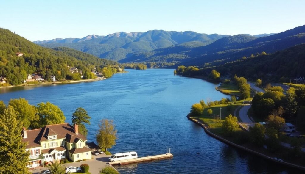 A serene landscape of the Hudson River, with its glistening waters reflecting the verdant banks and rolling hills of the Hudson Valley. In the foreground, a quaint riverside town with charming architectural details and a picturesque dock, bathed in warm afternoon light. The middle ground features a winding road leading into the distance, flanked by lush foliage and the occasional historic building. In the background, the majestic Catskill Mountains rise up, their rugged peaks silhouetted against a clear, azure sky. The scene conveys a sense of tranquility and natural beauty, inviting the viewer to explore this budget-friendly region of New York.