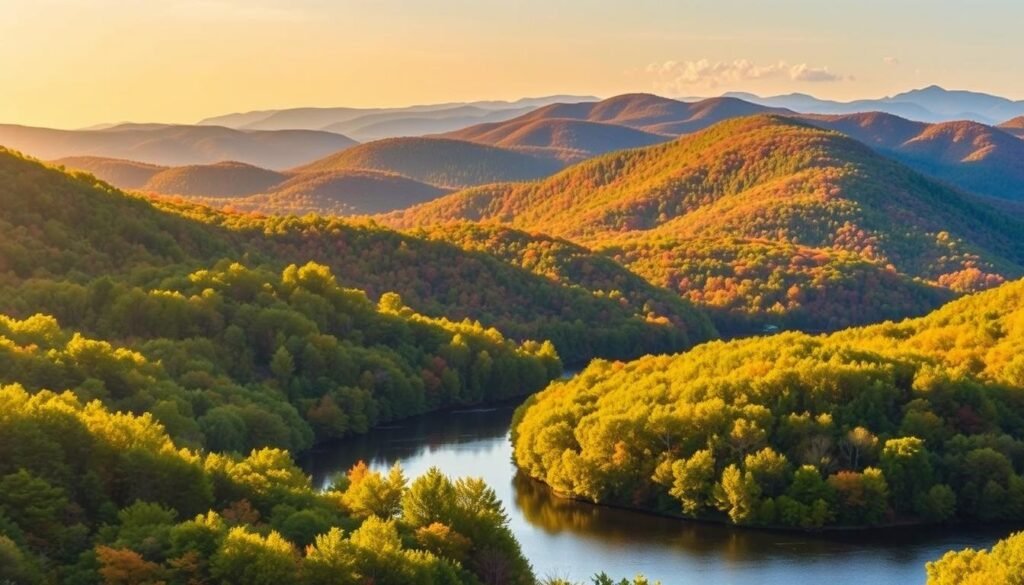 A serene landscape of the Hudson Valley and Catskills region, bathed in warm, golden afternoon sunlight. In the foreground, a winding river meanders through lush, verdant forests, its waters reflecting the surrounding foliage. In the middle ground, rolling hills and steep, rugged mountains rise up, their slopes covered in a patchwork of deciduous trees in vibrant shades of green, orange, and red. In the distance, a hazy blue ridge of the Catskill Mountains forms the backdrop, their peaks touched by wispy clouds. The overall scene conveys a sense of tranquility and natural beauty, perfect for a budget-friendly getaway from the bustle of New York City.