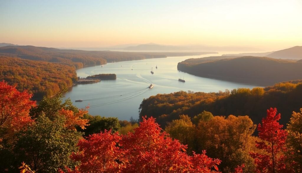 A serene, panoramic landscape of the Hudson River, captured on a warm autumn day. In the foreground, lush, vibrant foliage lines the riverbanks, their reflections dancing on the calm, glimmering waters. The middle ground features a gently winding river, dotted with small boats and kayaks, meandering through rolling hills and distant mountains. The background is dominated by a picturesque skyline, with the iconic silhouette of the Catskills mountains against a soft, hazy sky. The scene is illuminated by warm, golden sunlight, casting a tranquil, inviting atmosphere. The overall composition evokes a sense of peaceful escapism and natural beauty, perfectly capturing the essence of the Hudson Valley region.