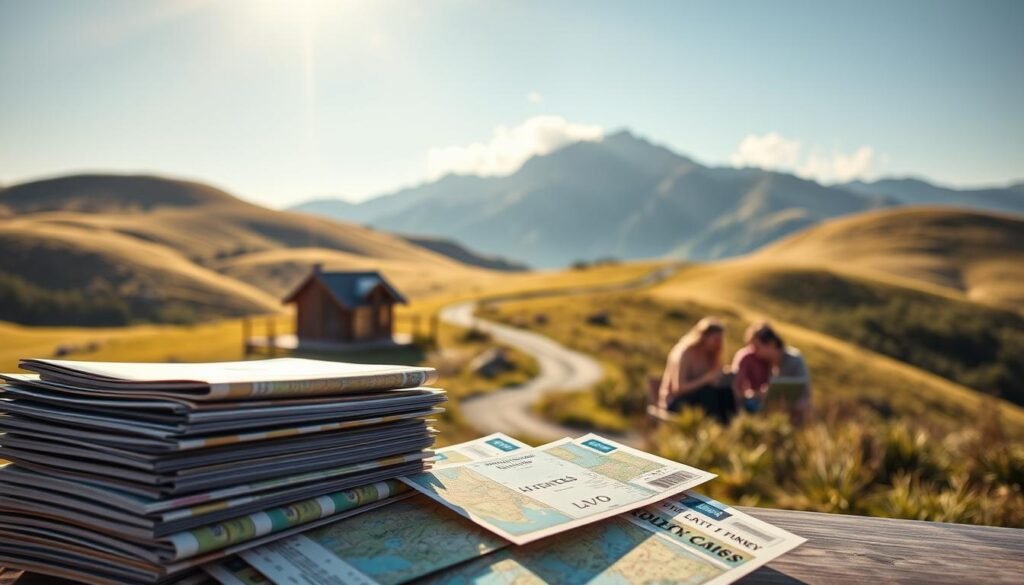 A serene, sun-drenched landscape with rolling hills and a winding path leading to a cozy cabin. In the foreground, a stack of travel guides, maps, and discounted airline tickets are artfully arranged, hinting at the potential for incredible savings and unforgettable adventures. The middle ground features a group of friends excitedly planning their next getaway, their faces lit by the warm glow of a laptop screen. In the background, a majestic mountain range looms, its peaks touched by wisps of cloud, evoking a sense of tranquility and the promise of untapped destinations. The overall mood is one of anticipation, discovery, and the allure of travel's unbeatable discounts.