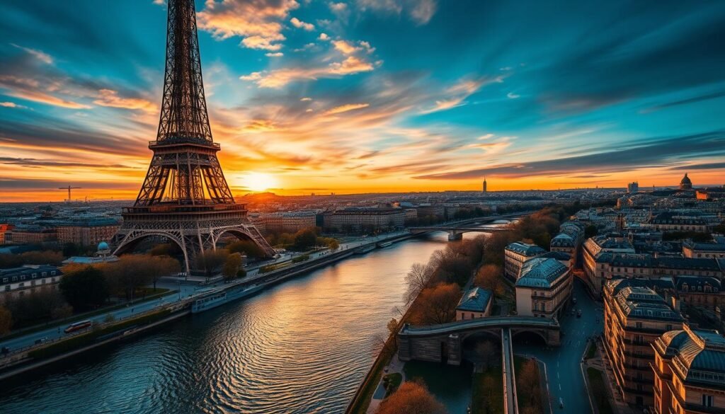 A stunning aerial view of the iconic Eiffel Tower, its wrought-iron lattice silhouetted against the vibrant Parisian skyline. In the foreground, the winding Seine River reflects the warm glow of the setting sun, its gentle ripples shimmering like liquid gold. The middle ground features the charming rooftops and historic architecture of the city, their warm hues and intricate details creating a captivating tapestry. In the distance, the Champs-Élysées and Arc de Triomphe can be seen, adding depth and grandeur to the scene. The overall atmosphere is one of tranquility and wonder, perfectly capturing the essence of Paris at dusk. Aweektrip.