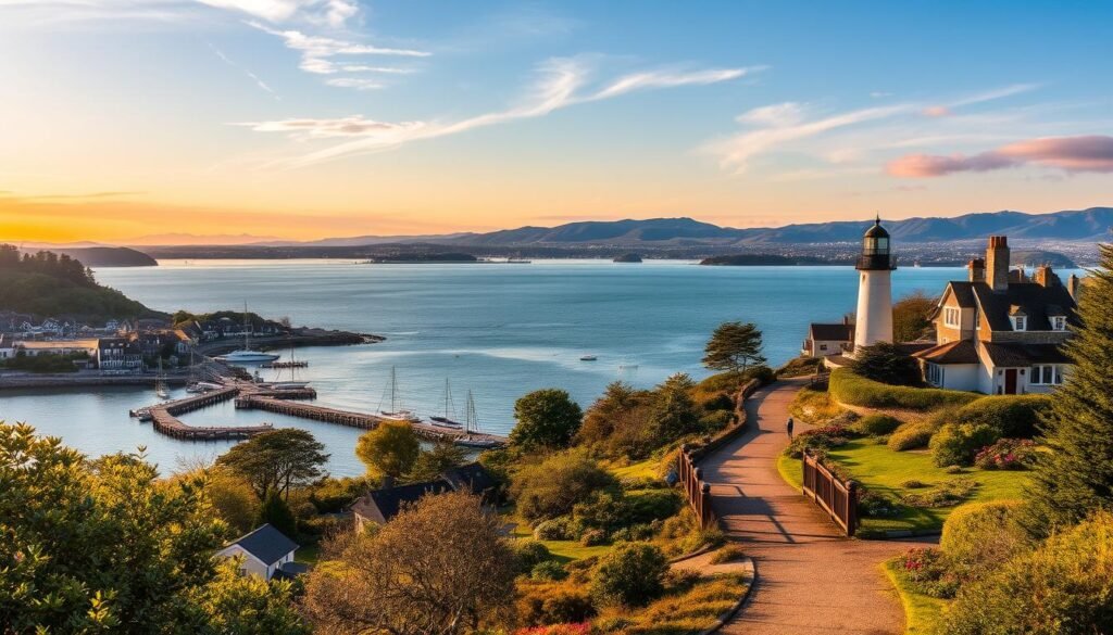 A sun-dappled coastal village nestled along a picturesque shoreline, with charming cottages, weathered piers, and a gentle breeze rustling through the trees. In the foreground, a quaint harbor bustles with small sailboats and fishing vessels, their reflection dancing on the calm, azure waters. In the middle ground, a winding path leads through lush gardens and past a historic lighthouse, its beacon casting a warm glow over the scene. The background features rolling hills and distant mountains, their silhouettes framed by a vibrant sunset sky, painted in hues of orange, pink, and purple. The overall atmosphere is one of tranquility, inviting the viewer to slow down and immerse themselves in the serene coastal charm.