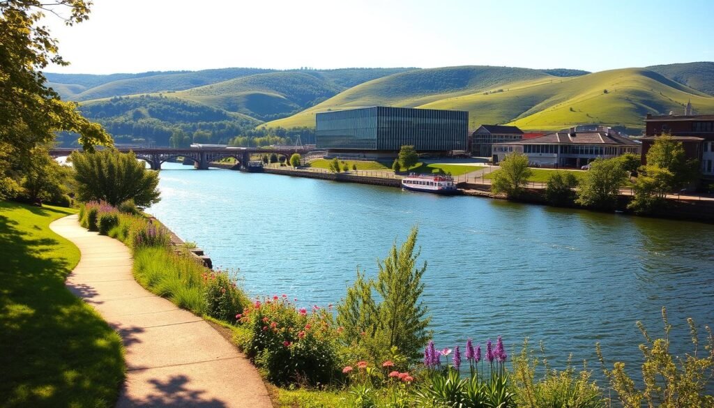 A sun-dappled riverfront in Beacon, New York. In the foreground, a winding path leads along the banks of the sparkling Hudson River, lined with lush greenery and vibrant wildflowers. In the middle ground, the striking modern architecture of the Dia:Beacon art museum rises, its sleek glass and steel facade reflecting the river's surface. In the background, the rolling green hills of the Hudson Valley provide a scenic backdrop, bathed in warm, golden light. The scene conveys a tranquil, artsy atmosphere, perfect for a day trip escape from the bustling city.