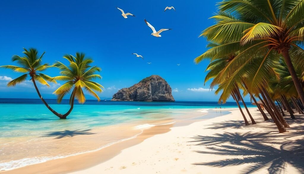 A sun-drenched beach with soft, golden sand stretching as far as the eye can see. Crystal-clear turquoise waters gently lapping at the shore, inviting swimmers and sunbathers alike. Towering palm trees sway gently in the warm breeze, casting dappled shadows on the picturesque scene. In the distance, a rocky cliff juts out, its rugged silhouette framed against a vibrant azure sky. Seagulls soar overhead, their cries adding to the serene, coastal ambiance. The overall mood is one of tranquility, relaxation, and the promise of a perfect escape from the bustle of the city.