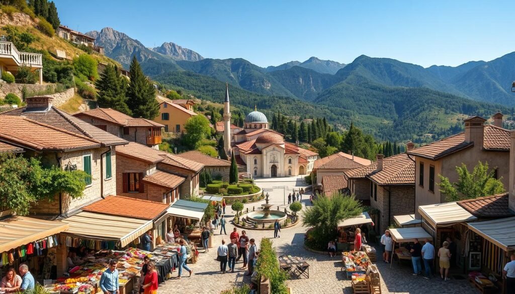 A sun-drenched village nestled in the rolling hills of southeastern Europe, with charming stone houses, terracotta roofs, and winding cobblestone streets. In the foreground, a bustling outdoor market filled with vendors offering an array of local produce, handicrafts, and textiles at bargain prices. People browsing the stalls, haggling with merchants, and enjoying the lively atmosphere. In the middle ground, a quaint town square with a central fountain and a historic church or mosque, its domes and minarets rising against a clear, azure sky. In the background, rugged mountains and lush, verdant forests, creating a serene and picturesque landscape. The scene is bathed in warm, golden light, capturing the inviting and affordable charm of this European bargain destination.
