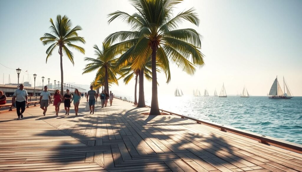 A sweeping vista of a sun-drenched boardwalk, its weathered planks stretching out towards the shimmering ocean. In the foreground, people stroll leisurely, their silhouettes casting long shadows across the wooden deck. Lush palm trees sway gently in the coastal breeze, their fronds creating a dappled pattern of light and shadow. In the distance, the horizon is dotted with sailboats, their white sails billowing in the wind. The scene is bathed in a warm, golden glow, the perfect embodiment of a breezy seaside getaway, just hours from the bustling city.