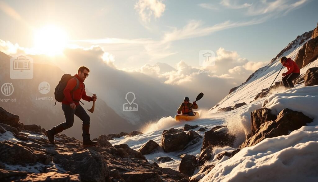 A thrilling outdoor adventure with a protective safety net. In the foreground, a hiker confidently strides through a rugged mountain landscape, ice axe in hand. Midground, a kayaker navigates choppy rapids, life vest securely fastened. In the background, a skier carves graceful turns down a powdery slope. Warm, golden sunlight filters through wispy clouds, casting a sense of peaceful tranquility. Sleek, modern icons representing various adventure activities hover discreetly, symbolizing comprehensive travel insurance coverage for this exciting journey. The overall scene conveys a balance of excitement, security, and the freedom to explore the world's wild places with confidence.