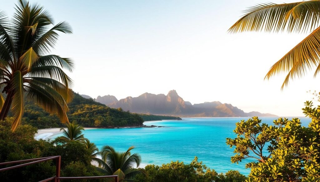 A tranquil island paradise in Australia's Far North Queensland, surrounded by the sparkling azure waters of the Cairns reef. In the foreground, a lush, verdant tropical landscape with swaying palm trees and vibrant foliage. The middle ground features a pristine white-sand beach, gently lapped by the crystal-clear turquoise ocean. Towering in the background, the silhouettes of rugged, jungle-clad mountains under a warm, golden-hour sky. Soft, diffused natural lighting bathes the scene in a serene, postcard-perfect glow. Captured through a wide-angle lens, this idyllic tropical island retreat beckons with its unspoiled natural beauty and promises of an affordable, value-packed adventure.