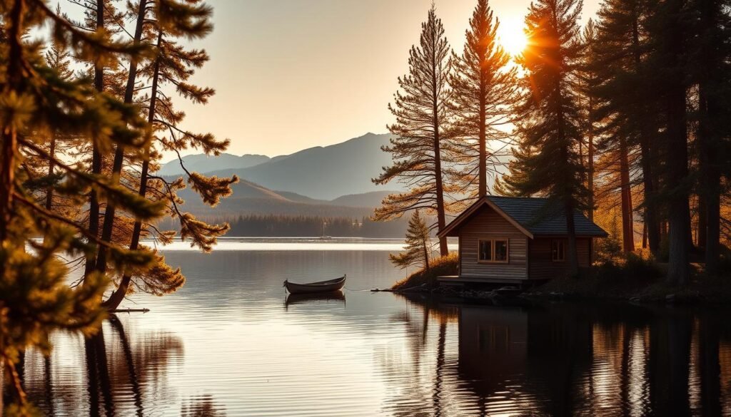 A tranquil lakeside scene, with a small wooden cabin nestled among the pine trees. The cabin's reflection shimmers in the calm waters, as a rowboat drifts nearby. In the distance, rolling hills and a picturesque mountain range create a serene backdrop. Warm, diffused sunlight filters through the trees, casting a golden glow over the entire landscape. The scene evokes a sense of rustic simplicity and peaceful escape, inviting the viewer to imagine a relaxing weekend getaway from the bustling city, just a short drive away.