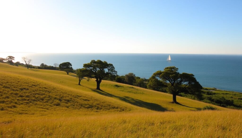 A tranquil vista of Shelter Island's picturesque shoreline, bathed in warm afternoon light. Rolling grassy hills dotted with weathered oak trees lead the eye towards a glimmering expanse of calm, azure waters. In the distance, a handful of sailboats glide across the horizon, their sails billowing gently in the sea breeze. The Mashomack Preserve's lush, verdant wetlands hug the coastline, providing a sanctuary for a diverse array of flora and fauna. Capture the serene, unhurried atmosphere of this idyllic retreat, a peaceful escape from the urban bustle.