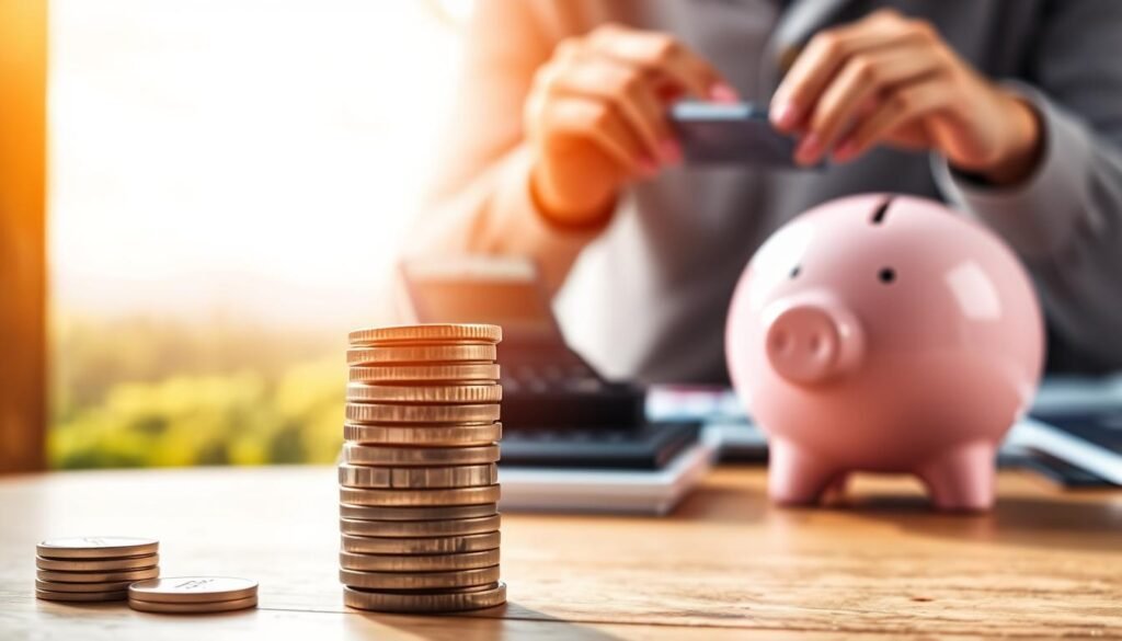 A vibrant, colorful collage depicting the concept of "Save Money". In the foreground, a stack of coins and a piggy bank sit on a wooden table, illuminated by warm, natural lighting. In the middle ground, a person carefully organizes their finances, with a calculator, bills, and a savings plan visible. The background showcases a serene, scenic landscape, suggesting the future benefits of responsible financial management. The overall composition conveys a sense of organization, discipline, and the rewards of diligent saving.