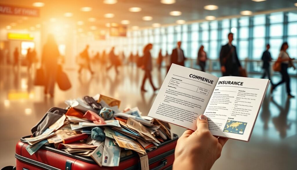 A vibrant, dynamic scene depicting the concept of comprehensive travel insurance. In the foreground, a traveler's suitcase overflows with essential items, surrounded by a mosaic of international currencies, maps, and airline tickets, symbolizing the array of coverage. In the middle ground, a hand holds an open travel insurance document, its pages detailing the extensive protection. The background showcases a blurred panorama of a bustling airport, with silhouettes of passengers hurrying through, underscoring the importance of securing one's journey. Warm, natural lighting casts a sense of reassurance, while the composition evokes a feeling of preparedness and peace of mind.
