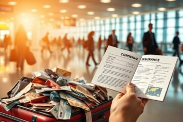 A vibrant, dynamic scene depicting the concept of comprehensive travel insurance. In the foreground, a traveler's suitcase overflows with essential items, surrounded by a mosaic of international currencies, maps, and airline tickets, symbolizing the array of coverage. In the middle ground, a hand holds an open travel insurance document, its pages detailing the extensive protection. The background showcases a blurred panorama of a bustling airport, with silhouettes of passengers hurrying through, underscoring the importance of securing one's journey. Warm, natural lighting casts a sense of reassurance, while the composition evokes a feeling of preparedness and peace of mind.