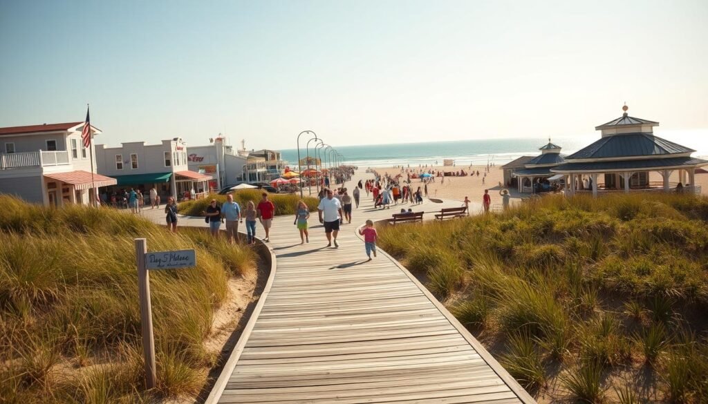 A vibrant family boardwalk along a sun-drenched beach, with families strolling, children playing, and lively coastal atmosphere. In the foreground, a wooden boardwalk leading through lush dunes dotted with beach grasses. In the middle ground, a bustling promenade lined with colorful beach shops, ice cream stands, and beachgoers enjoying the warm summer day. In the background, a sparkling blue ocean with gentle waves lapping the golden sand. Warm, golden sunlight bathes the scene, casting a soft, nostalgic glow. A classic East Coast beach town vibe, perfect for a family-friendly escape.