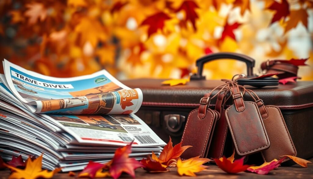 A vibrant still life showcasing a variety of travel-themed elements against a backdrop of warm autumn colors. In the foreground, a stack of discounted travel brochures and promotional flyers, their edges weathered and folded, suggest the allure of seasonal travel savings. In the middle ground, a vintage suitcase and a set of well-worn leather luggage tags evoke the excitement of adventure. The background features a tapestry of falling leaves, their hues ranging from golden ochre to deep crimson, creating a cozy, autumnal ambiance. Soft, diffused lighting casts a gentle glow over the scene, lending it an inviting, nostalgic feel. The overall composition conveys the idea of discovering unbeatable travel deals during the perfect time of year.
