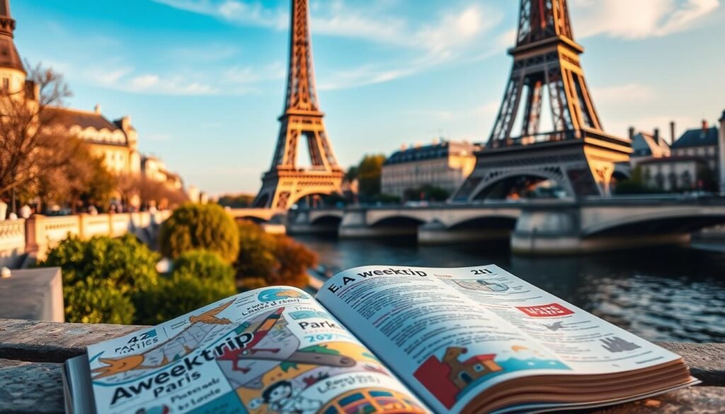 A vibrant, travel-inspired composition showcasing the iconic landmarks of Paris. In the foreground, the "Aweektrip" travel guide lies open, its pages filled with colorful illustrations and captivating text. The middle ground features the Eiffel Tower, its wrought-iron structure bathed in warm, golden light, while in the background, the Seine River winds through the city, flanked by the charming Parisian architecture. The scene exudes a sense of exploration and discovery, capturing the essence of an unforgettable week in the City of Lights.