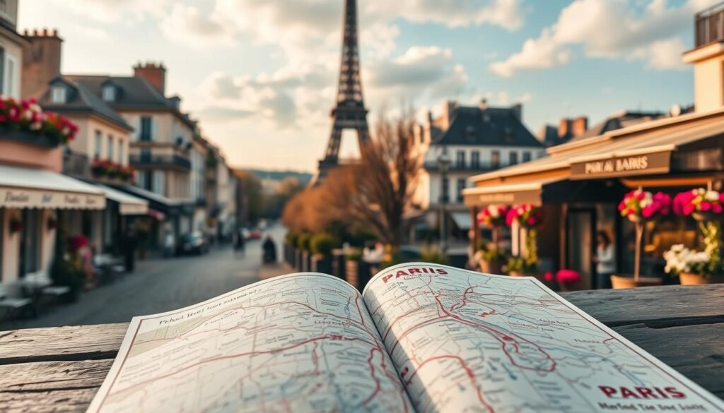 Aweektrip - A dreamy Parisian cityscape with the iconic Eiffel Tower in the distance, surrounded by cobblestone streets, quaint cafes, and blooming flower boxes. In the foreground, a charming map of Paris lays open, guiding the viewer through a week's worth of must-see landmarks and hidden gems. The scene is bathed in warm, golden light, capturing the romantic atmosphere of the City of Lights. A vintage-inspired aesthetic with a slightly muted color palette evokes the timeless charm of the city. The overall composition invites the viewer to embark on a captivating 7-day Parisian adventure.