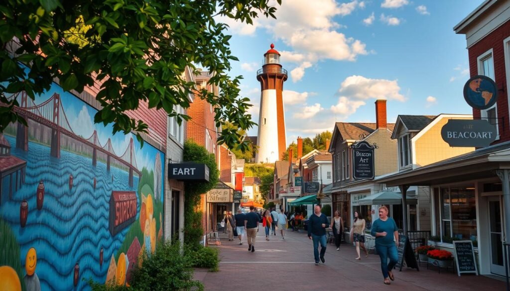 Beacon art: an idyllic riverside town, its charming streets lined with colorful murals, whimsical sculptures, and eclectic galleries. In the foreground, a vibrant mural depicting the Hudson River and its iconic bridges, framed by lush greenery. Meandering through the middle ground, locals and visitors stroll past quaint boutiques and craft breweries, bathed in warm, golden afternoon light. In the background, the majestic Beacon Lighthouse stands tall, its beacon guiding the way for all who seek art, culture, and community in this picturesque Hudson Valley haven.