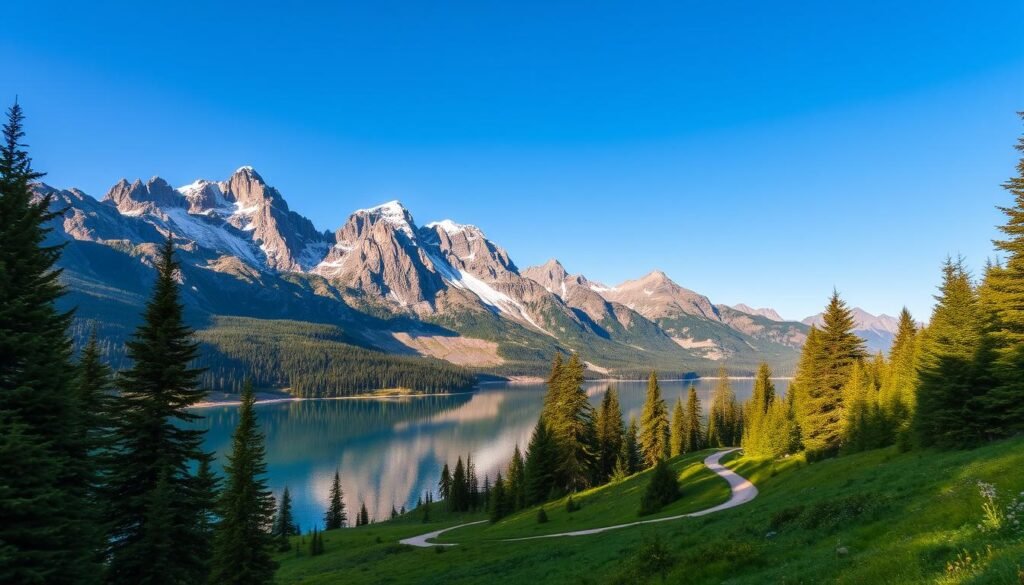Breathtaking scenic vistas of rugged, snow-capped mountains rise in the background, their jagged peaks piercing the crisp, azure sky. In the lush, verdant foreground, a serene alpine lake reflects the majestic landscape, its glassy surface rippling gently in the soft, golden light of the afternoon sun. Towering evergreen trees line the shores, their dense, vibrant foliage framing the tranquil scene. A winding, meandering trail leads the eye through the natural beauty, inviting the viewer to step into this enchanting, untouched wilderness and lose themselves in the awe-inspiring grandeur of the great outdoors.