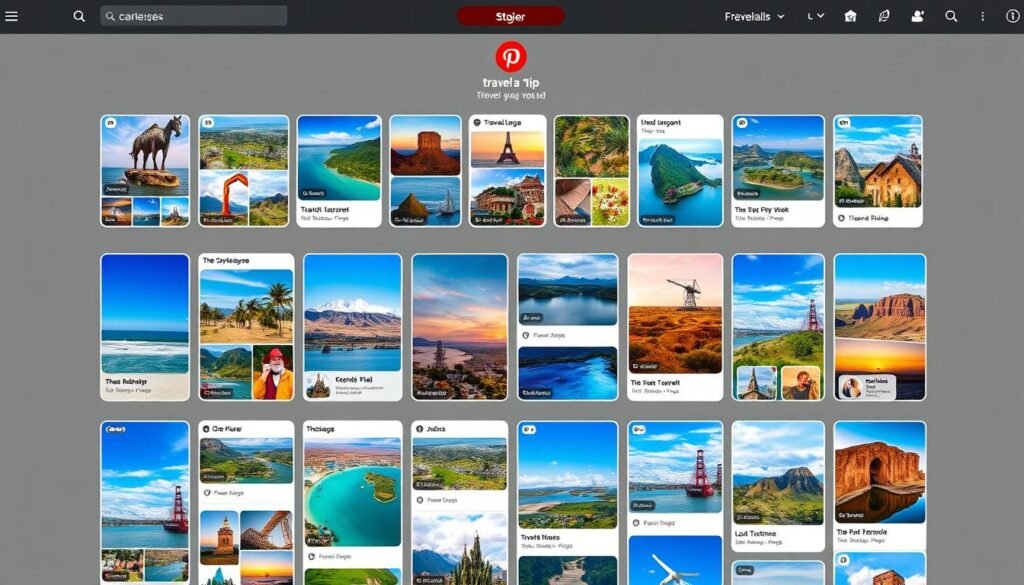 Generate an image of a Pinterest page with various travel boards and pins.
