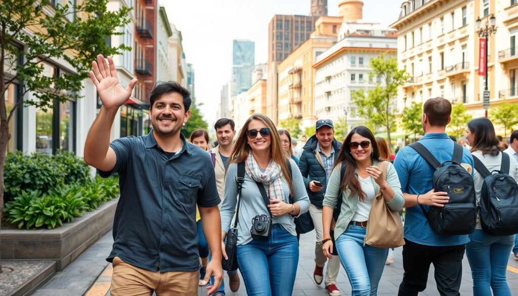 Generate an image of a local guide leading a walking tour.