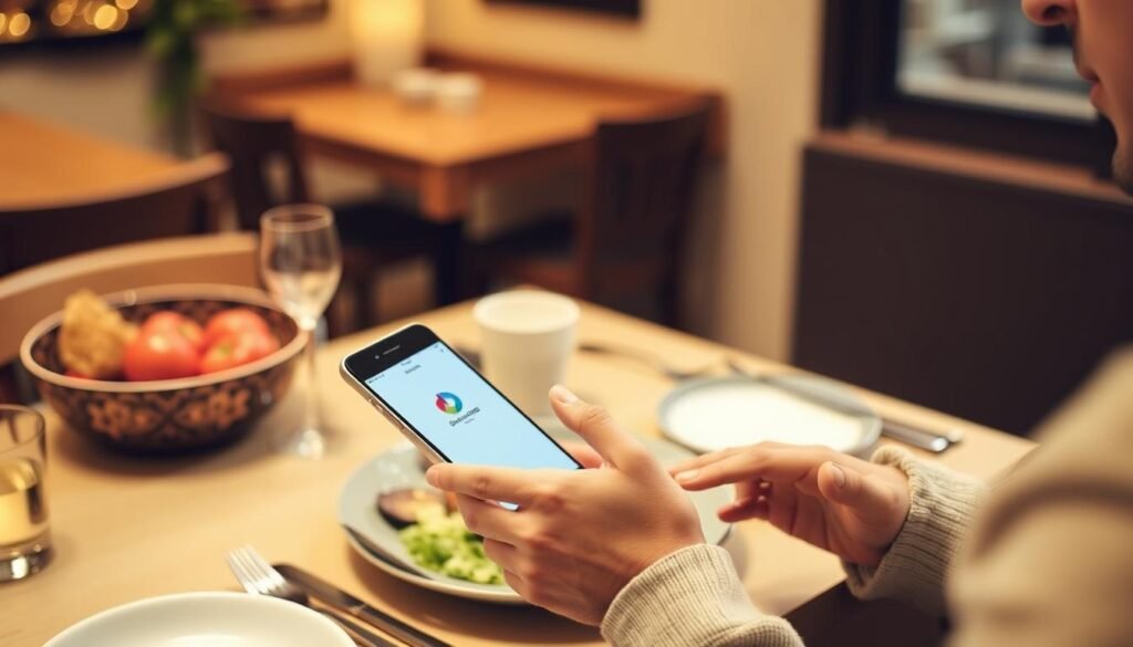 Generate an image of a person using Duolingo on their smartphone during a meal.