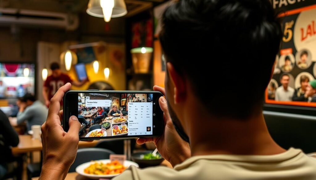 Generate an image of a person using Google Translate's camera feature to translate a menu.