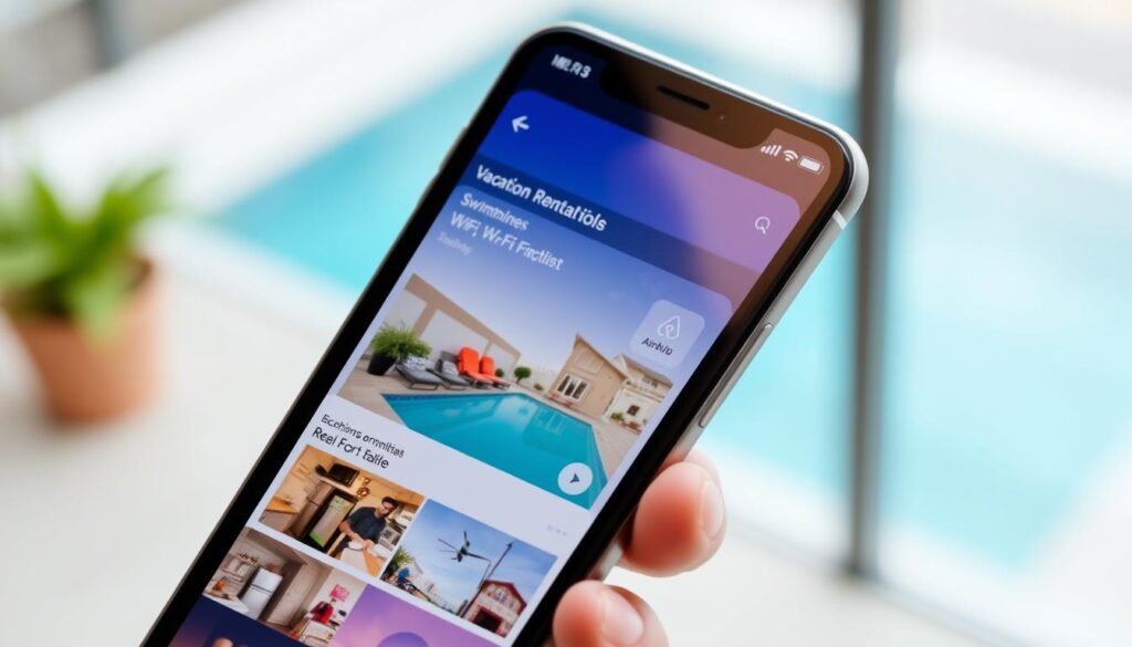 Generate an image of the Airbnb app interface on a mobile device, showing a vacation rental listing with amenities.