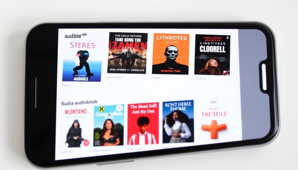 Generate an image of the Audible app interface on a mobile device, showing a selection of popular audiobooks available for download.