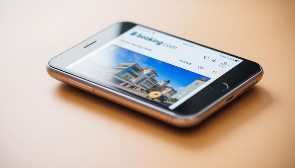 Generate an image of the Booking.com app interface on a mobile device, showcasing a hotel search result.