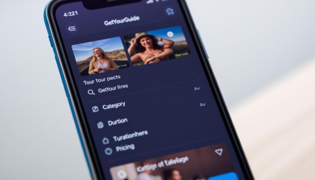 Generate an image of the GetYourGuide app interface showing various tour options.