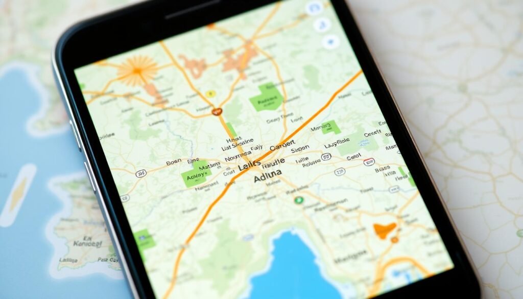 Generate an image of the Maps.me app interface on a smartphone, showing a detailed map of a region.