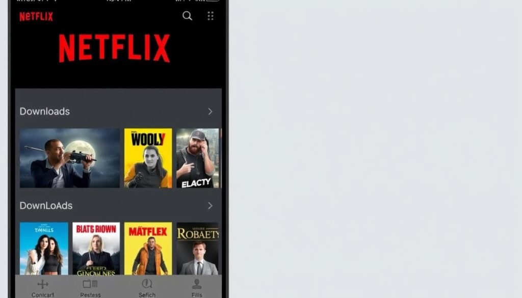 Generate an image of the Netflix app interface on a mobile device, showing a variety of downloaded content available for offline viewing.