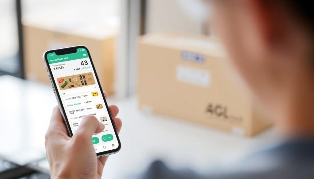 Generate an image of the PackPoint app interface on a mobile device, showing a sample packing list.