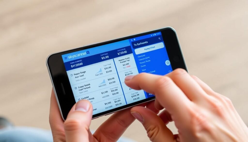 Generate an image of the Skyscanner app interface on a mobile device, showing a user comparing flight prices across different dates.