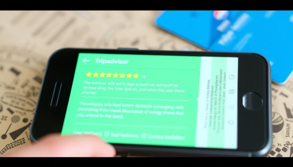 Generate an image of the TripAdvisor app on a smartphone, showing reviews for a popular destination.