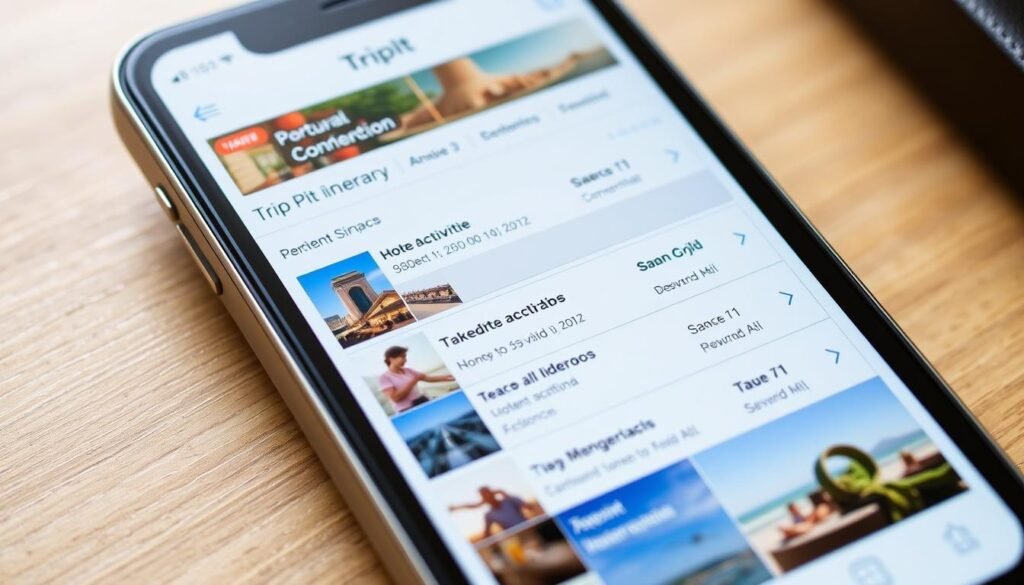 Generate an image of the TripIt app interface on a mobile device, showing a sample itinerary.