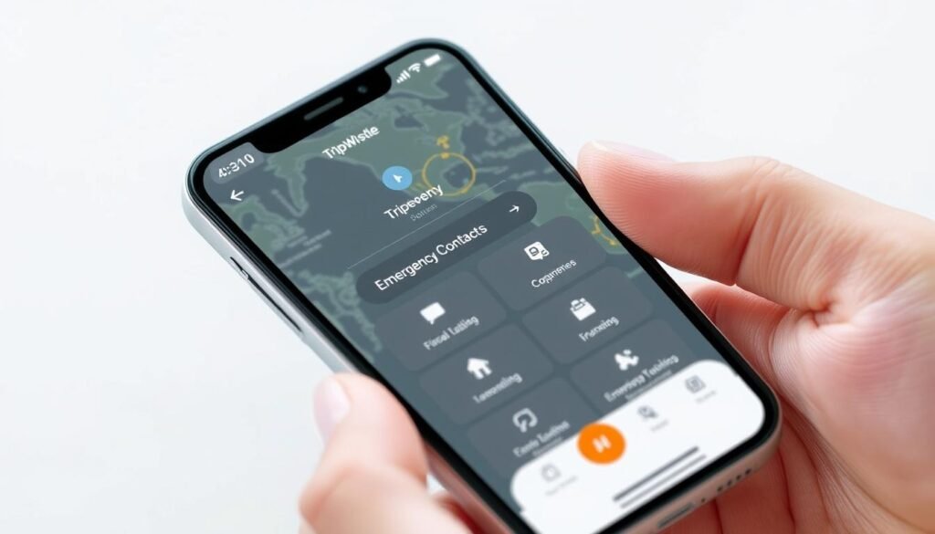 Generate an image of the TripWhistle Global SOS app interface on a smartphone.