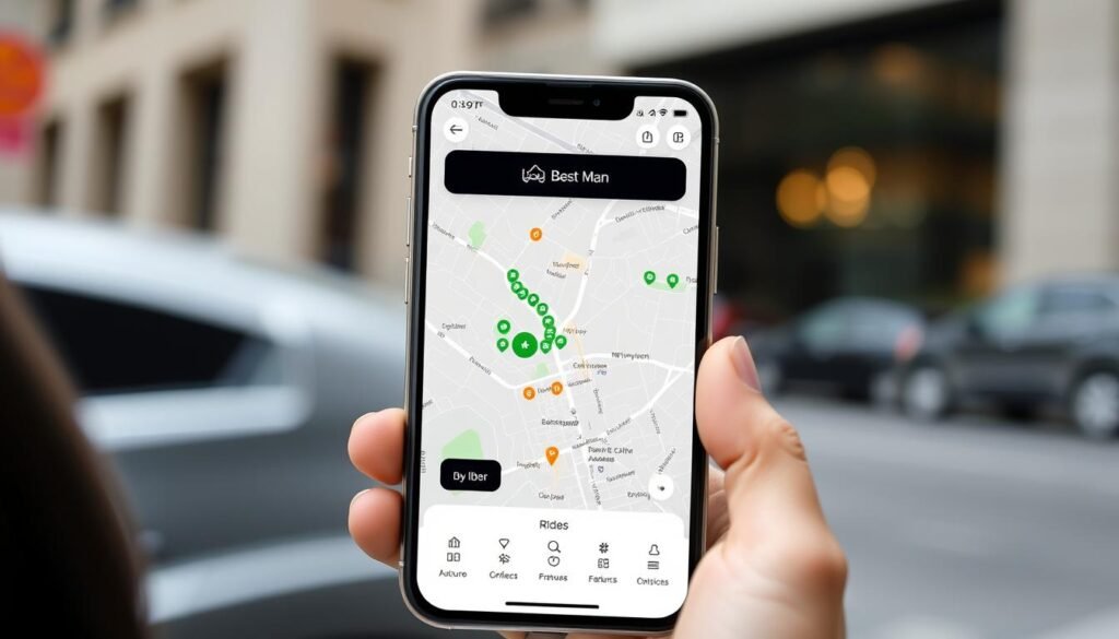 Generate an image of the Uber app interface showing the ride-hailing service.