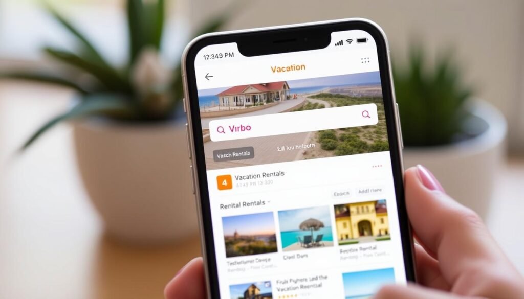 Generate an image of the Vrbo app interface on a mobile device, displaying a vacation rental search result.