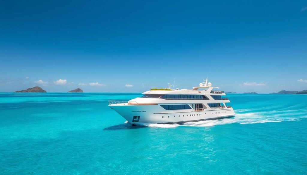 Image of a luxurious cruise ship sailing through calm waters