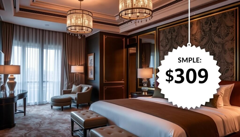 Image of a luxurious hotel room with a discounted price tag