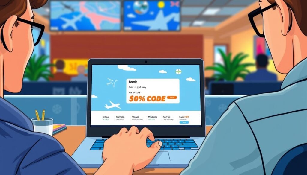 Image of a person booking a flight on a laptop with a discount code on the screen