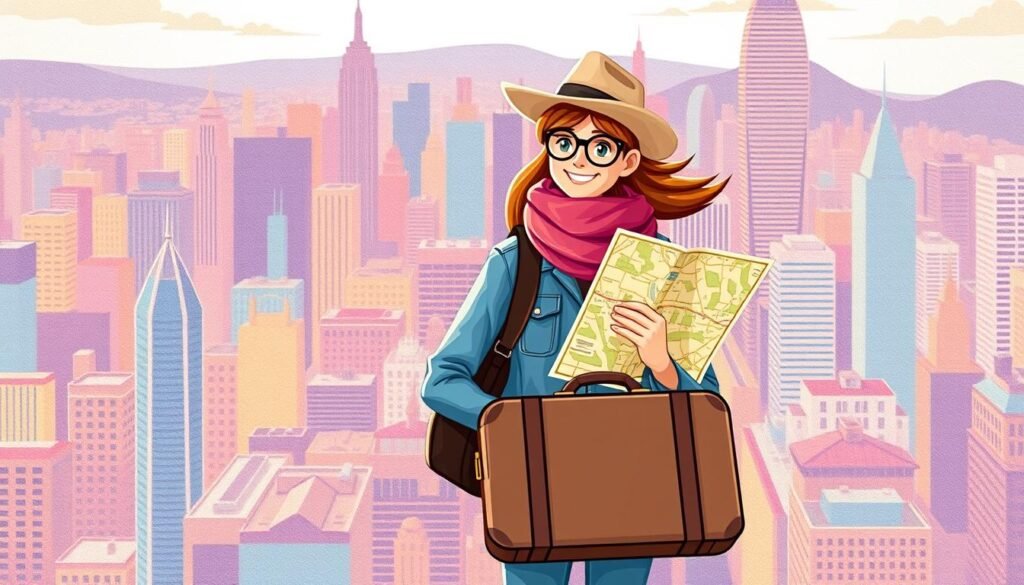 Image of a person traveling with a suitcase and a map