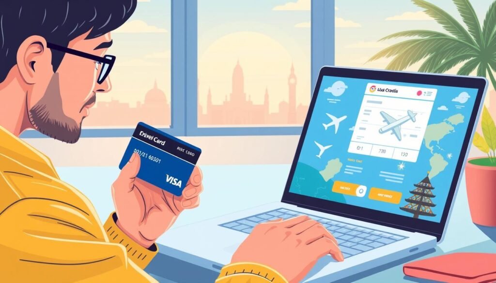 Image of a person using a travel credit card to book a flight