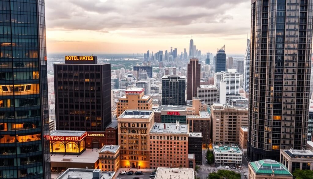 Panoramic view of a cityscape with various hotel options, showcasing a diverse range of accommodation choices in major U.S. cities. In the foreground, modern high-rise hotels with sleek glass facades and neon-lit signage, casting a warm glow. In the middle ground, quaint boutique hotels with charming architectural details, nestled between towering skyscrapers. The background features a sprawling urban landscape, with iconic landmarks and skylines of iconic U.S. cities like New York, Los Angeles, Chicago, and Miami. The scene is bathed in a soft, diffused lighting, creating a inviting and welcoming atmosphere for travelers seeking affordable yet comfortable accommodations.