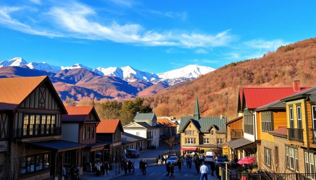Picturesque mountains rise majestically, their snow-capped peaks piercing the azure sky. In the foreground, a charming historic town nestled in the valley, its quaint museums and breweries beckoning visitors to explore its rich heritage. Cobblestone streets lead to a bustling town square, where locals and tourists mingle, capturing the essence of this idyllic weekend getaway. The scene is bathed in warm, golden light, creating a cozy and inviting atmosphere, perfect for a memorable adventure across state lines near NYC.