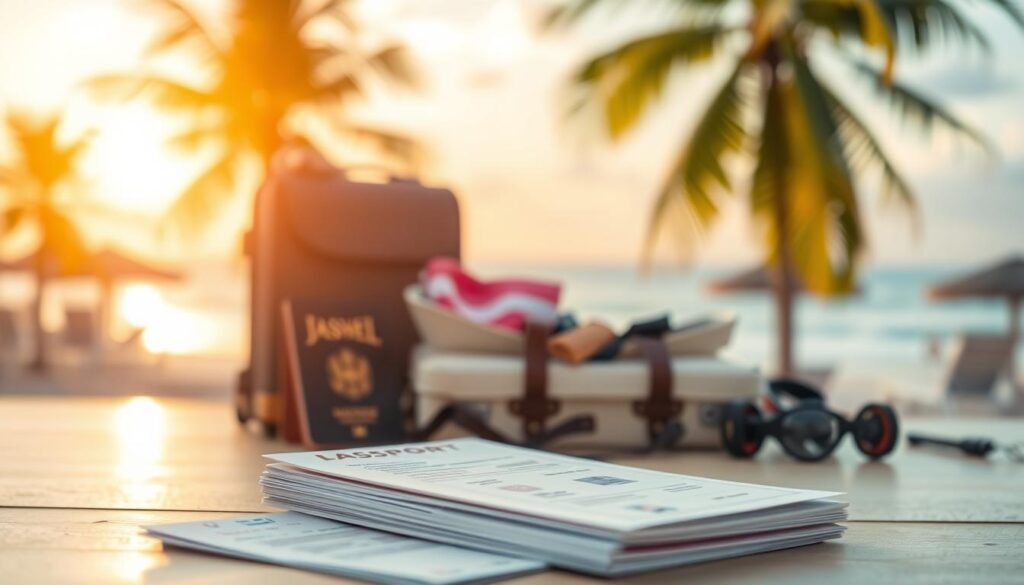 a detailed illustration of travel insurance benefits, shot in a realistic photographic style with a warm, inviting atmosphere. In the foreground, a stack of travel documents, passport, and boarding pass, with a checkmark symbol and icons representing medical coverage, trip cancellation, and luggage protection. In the middle ground, a suitcase and travel accessories, conveying the overall travel theme. The background features a blurred landscape of a seaside resort, with palm trees and a sunset sky, creating a sense of a relaxing, carefree vacation. The lighting is soft and natural, creating a sense of depth and dimension, and the composition is balanced and visually appealing.
