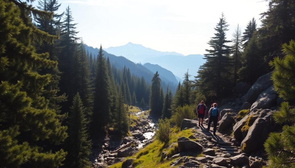 a lush green mountain trail winding through dense pine forests, with rocky outcroppings and babbling brooks along the path. the afternoon sunlight filters through the canopy, casting a warm, golden glow on the scene. a family of hikers in outdoor gear can be seen ascending the trail, taking in the serene beauty of the natural surroundings. in the distance, snow-capped peaks rise majestically, hinting at the rugged wilderness beyond. the overall atmosphere evokes a sense of peaceful exploration and connection with the great outdoors, just a short distance from the bustling city.